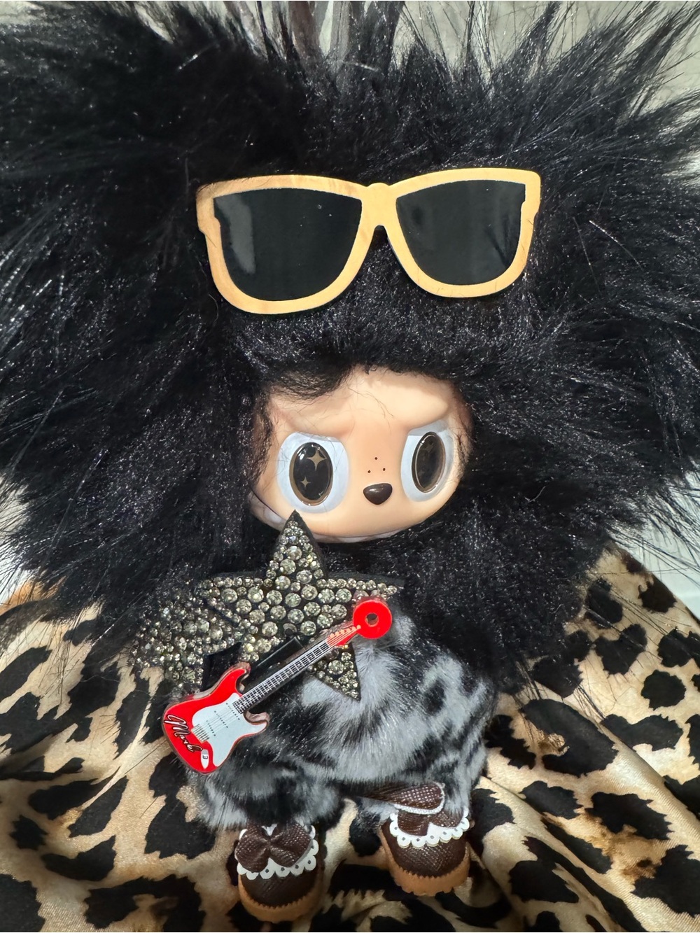 Black Fuzzy Rocker Plush Custom Labubu with Accessories - Picture 6 of 9